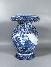 A Exquisite Blue and White Landscape Pattern Double-Ears Vase