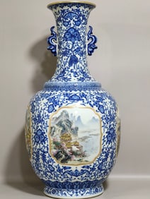 A Exquisite Blue and White Famille-Rose Landscape Pattern Double-Ears Vase