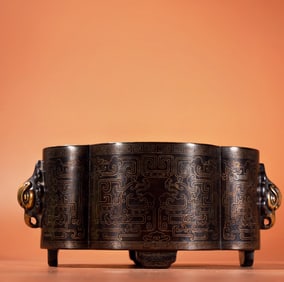 A Exquisite Red Copper Silver-Inlaid Gilt Crabapple Censer
