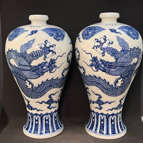 A pair of Exquisite Blue and White Dragon Pattern Vase