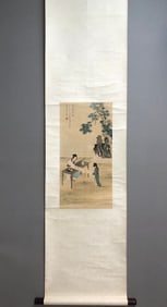 A Chinese Ink Painting of Figures on Silk, Vertical Scroll