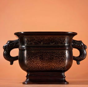 A Exquisite Red Copper Silver-Inlaid Censer