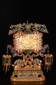 A Exquisite Bronze Filigree Gilt Bronze Inlaid White Jade Screen