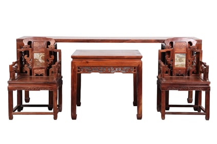 A Set of Huge Huanghuali Wood Inlaid with Marble Table