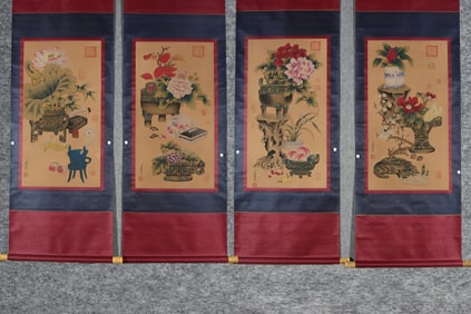 A Set of Chinese Vertical Scroll Ink Paintings of Flower on Paper