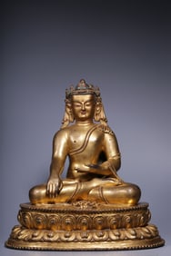 A Solemn Gilt Bronze Jeweled Crown Statue of Amitabha Buddha