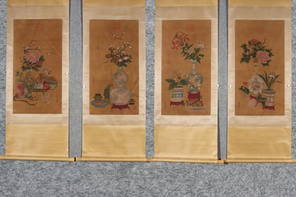 A Set of Chinese Vertical Scroll Ink Paintings of Flower on Paper