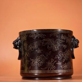 A Exquisite Red Copper Silver-Inlaid Censer