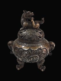 A Exquisite Gilt Silver Bronze Kylin Censer