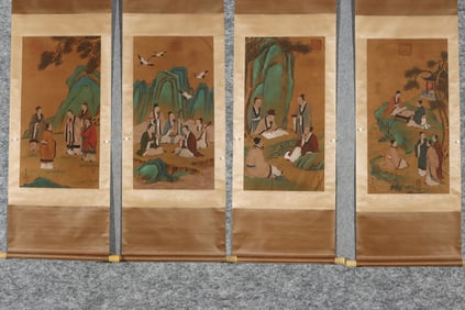 A Set of Chinese Vertical Scroll Ink Paintings of Figures on Paper