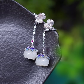 A pair of Exquisite  Silver Inlaid Hotan Jade Flower-patterned Earring