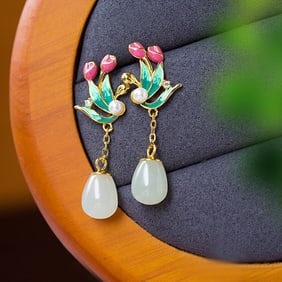 A pair of Exquisite  Silver Inlaid Hotan Jade Flower-patterned Earring