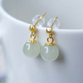 A pair of Exquisite  Silver Inlaid Hotan Jade Bead Ear Stud