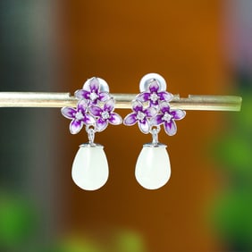 A pair of Exquisite  Silver Inlaid Hotan Jade Flower-patterned Earring