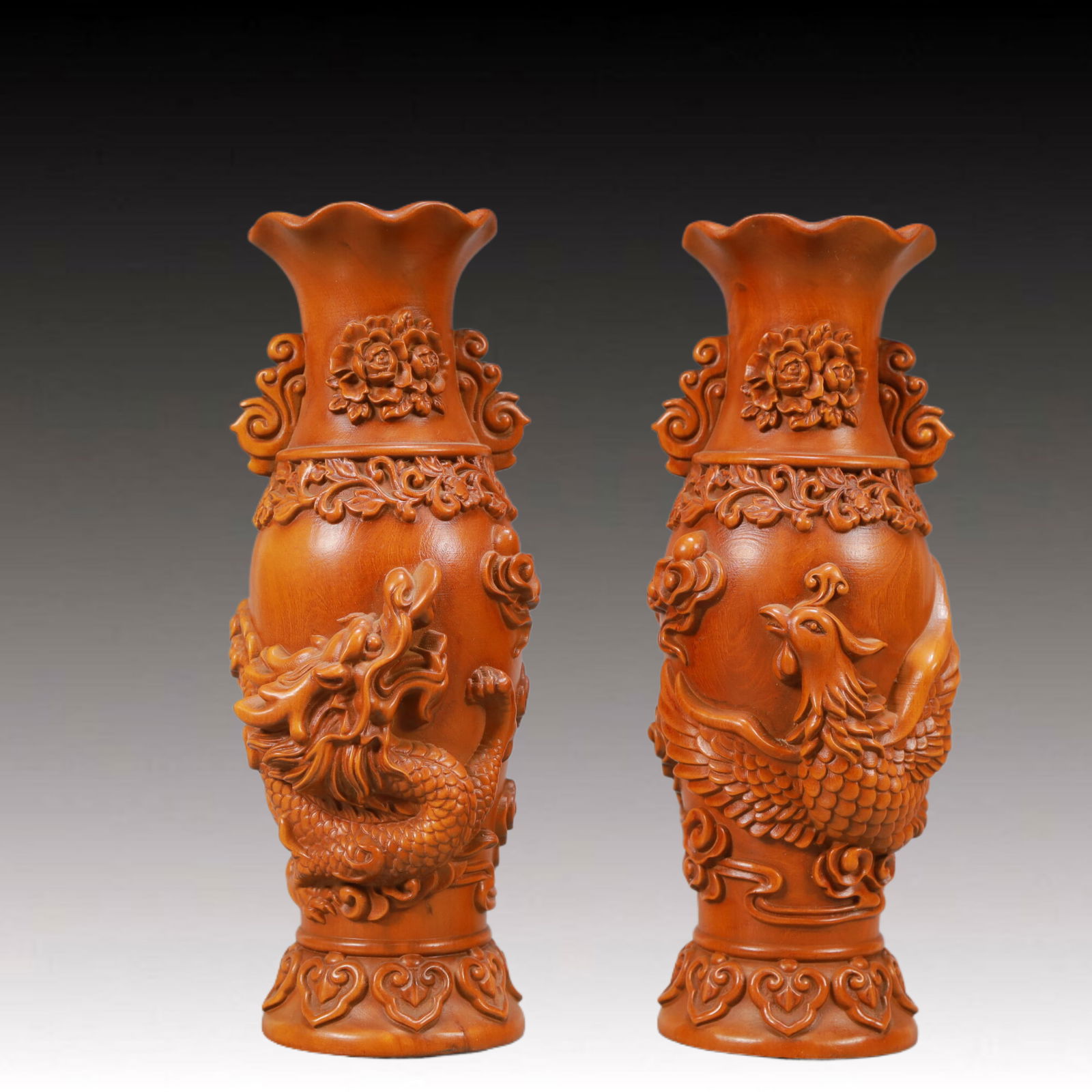 A Pair of Exquisite Boxwood Dragon and Phoenix Pattern Vases (1 of 7)