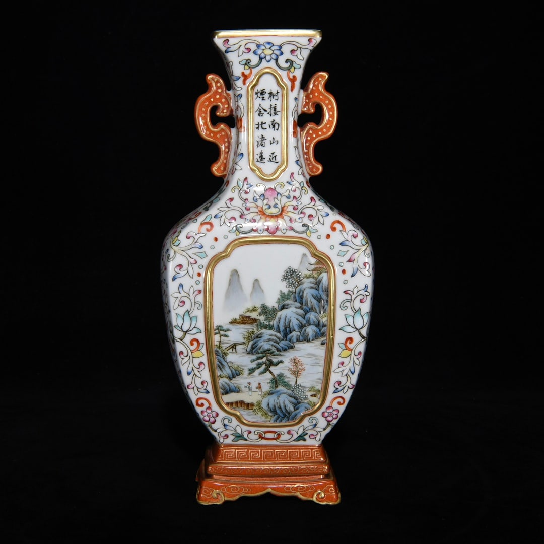 An Exquisite Famille-Rose Landscape Pattern Double-Ears Vase,with Poem (1 of 9)