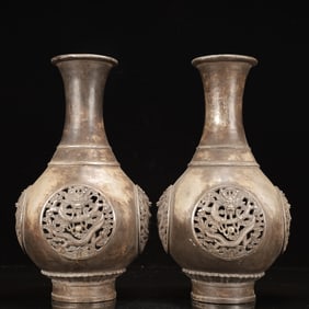 A Pair of Exquisite Silver-plated Copper Dragon Pattern Vases