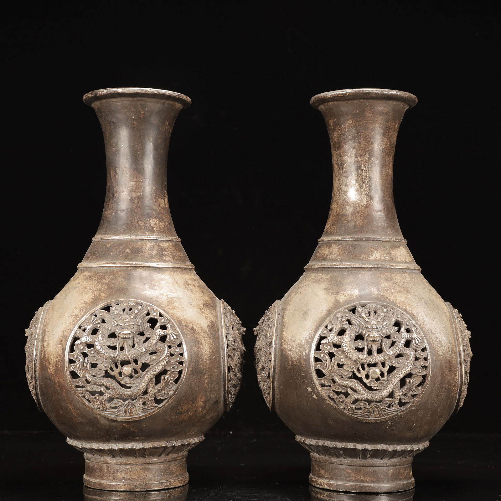 A Pair of Exquisite Silver-plated Copper Dragon Pattern Vases