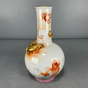 A Exquisite Enamel Painted Gold Seawater and Carp, Coiling Dragon Pattern Vase