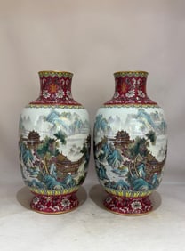 A pair of Exquisite Ruby Red Famille-Rose Landscape Pattern Vase