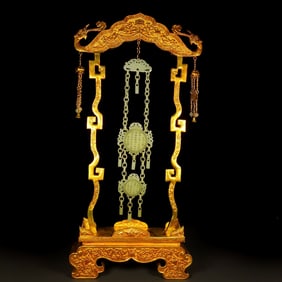 A Exquisite Gilt Bronze Hetian Jade Mother-Son Chain Ornament