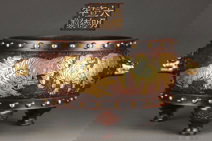 A Exquisite Gilt Bronze Tiger Pattern Beast Head Censer