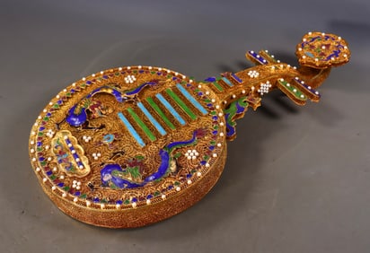A Exquisite Filigree Gilt Inlaid Gems Double Dragon Musical Instrument Pipa