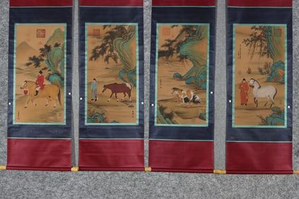 A Set of Chinese Vertical Scroll Ink Paintings of Figures on Paper