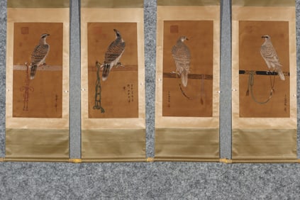 A Set of Chinese Vertical Scroll Ink Paintings of Flower and Bird on Paper