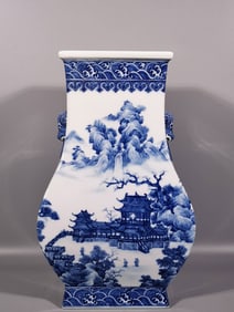 A Exquisite Blue and White Landscape Pattern Double-Ears Vase