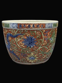 A Exquisite Blue and White Red Ground Dragon Pattern Vat
