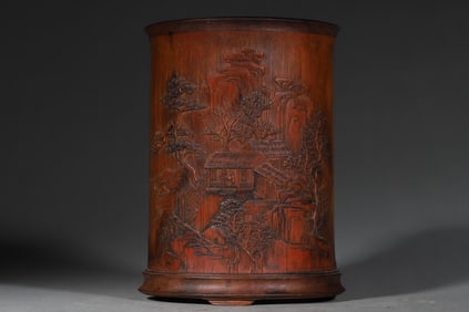 A Exquisite Bamboo Carving Landscape and Figures Pattern Brush Pot
