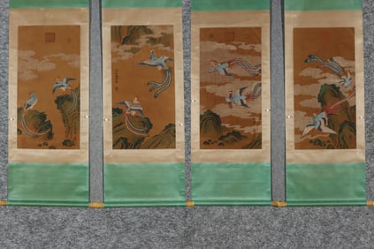 A Set of Chinese Vertical Scroll Ink Paintings of Flower and Bird on Paper