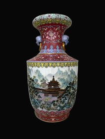 A Exquisite Ruby Red Ground Landscape Pattern Double-Ears Vase