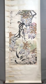 A Chinese Ink Painting of Flowers and Birds on Paper, Vertical Scroll