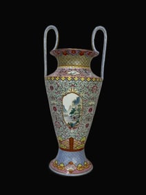 A Exquisite Famille-Rose Landscape and Flower Bird Pattern Double-Ears Vase