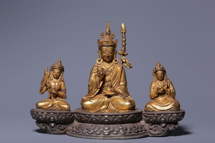 A Solemn Gilt Bronze Three Statues of Padmasambhava