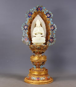 A Exquisite Filigree Gilt Inlaid Hetian Jade Buddha Statue