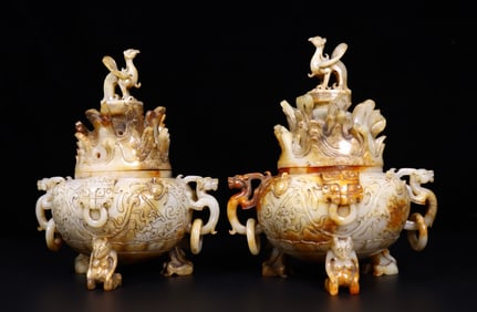 A pair of Exquisite Hetian Jade Dragon Pattern Censer