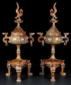 A pair of Exquisite Hetian Jade Tripod Censer