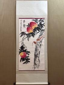 A Chinese Vertical Scroll Ink Painting of Flowers and Fruits on Paper