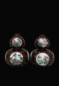 A pair of Exquisite Purple Gold Glaze Flower Pattern Gourd-Shaped Vase