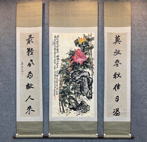 A Set of Chinese Vertical Scroll Ink Paintings of Flower on Paper