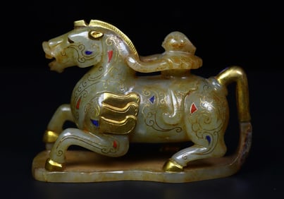 A Exquisite Hetian Jade Gold and Silver-Inlaid Human Riding Horse