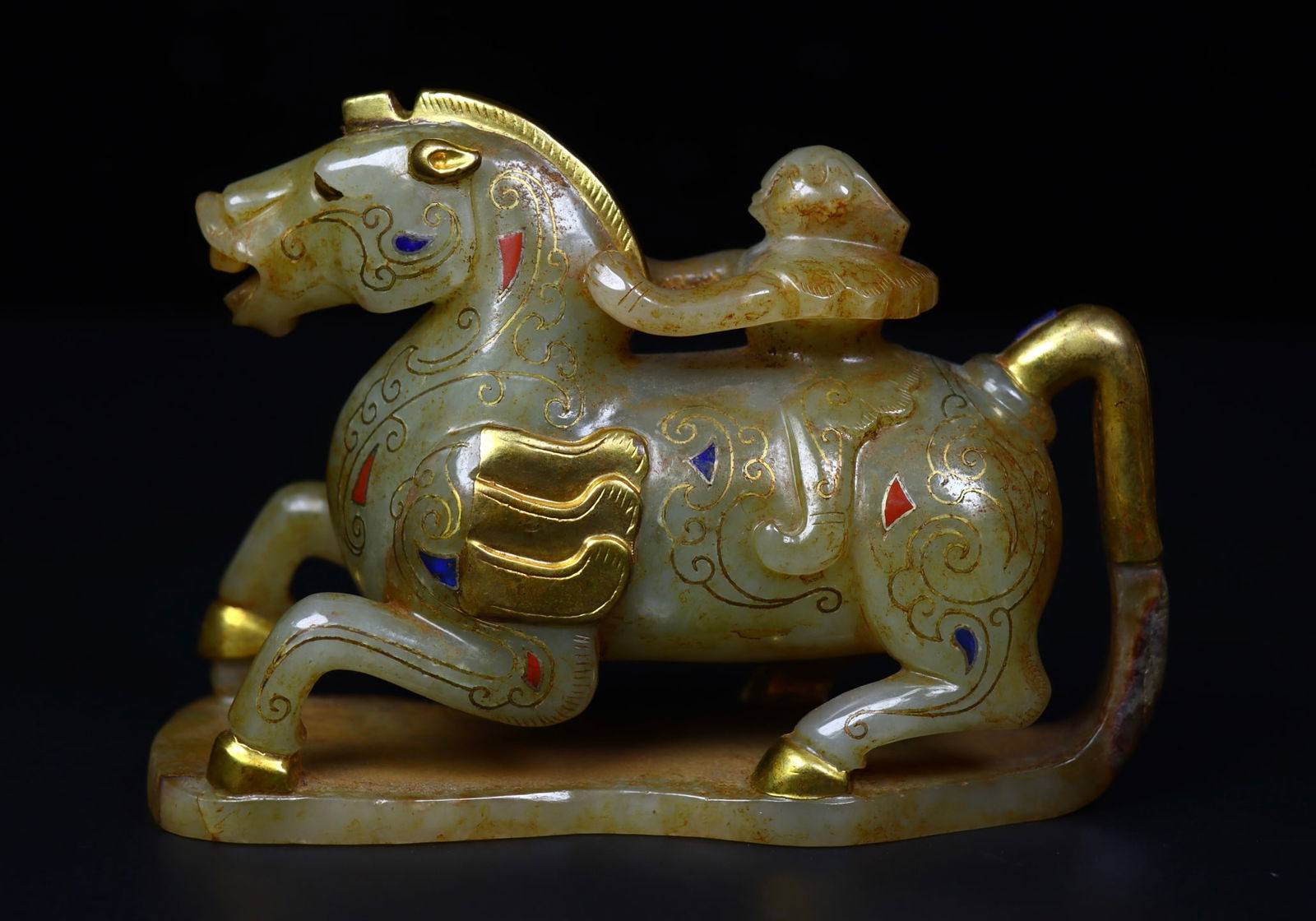 A Exquisite Hetian Jade Gold and Silver-Inlaid Human Riding Horse (1 of 9)