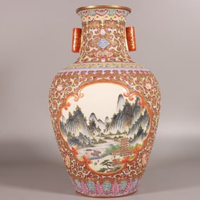A Exquisite Enamel Carved Gold Ground Landscape Pattern Vase