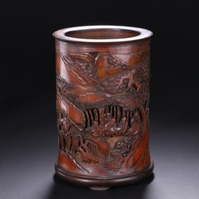 A Exquisite Bamboo Carving Character and Story Pattern Brush Pot