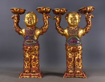 A pair of Exquisite Gilt Bronze Inlaid Gems Blue Enamel Candlestick