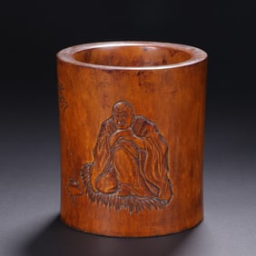A Exquisite Boxwood Carving Arhat Pattern Brush Pot