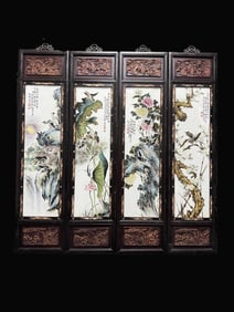 A Set of Exquisite Famille-Rose Flower and Bird Pattern Porcelain painting, with Frame